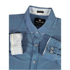 Buttercloth Icy Cotton Reg Fit Blue Button Dwn Stretch Flip Cuff Shirt Men's XXL